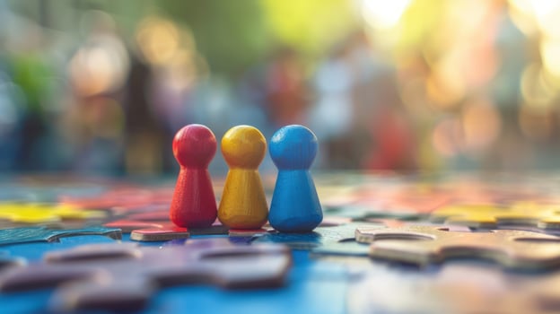 Teamwork and strategy game with colorful pawn on jigsaw puzzle photo