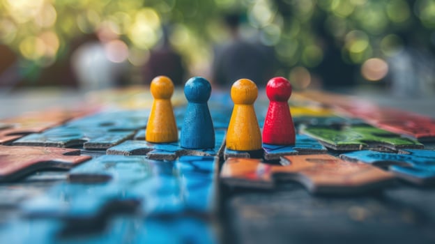 Colorful game pieces on jigsaw puzzle board representing strategy and competition photo