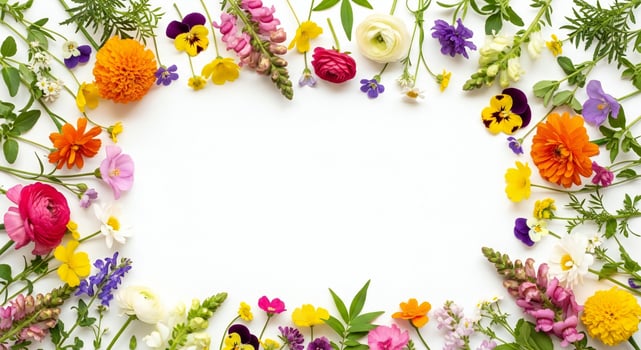 Vibrant assortment of colorful spring flowers and green foliage arranged on a white background photo