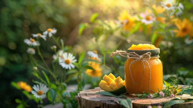Delicious mango jam with flower garden background still life photo