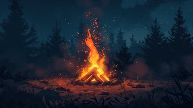 Campfire burning in forest at night illustration photo