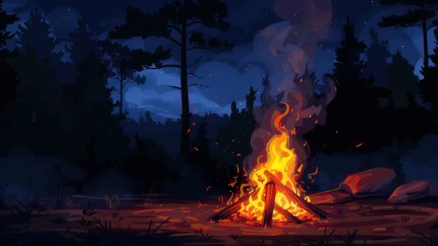 Campfire burning in dark forest night illustration photo