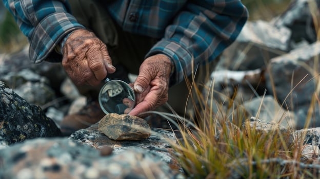Person examining rock with magnifying glass geological study photo