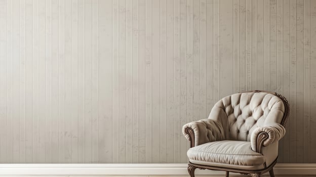 Elegant tufted armchair against neutral textured wall interior photo