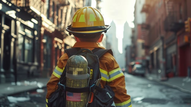 Young firefighter in urban scene ready for action photo