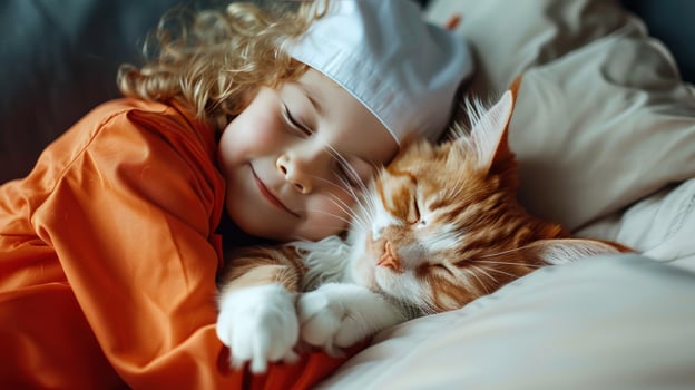 Child sleeping with cat domestic animal cuddling together photo