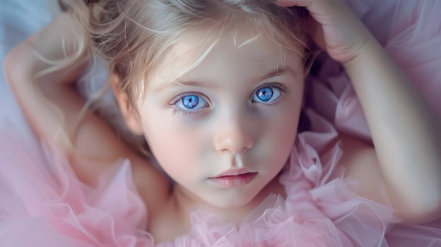 Striking blue eyed child portrait gentle soft lighting photo