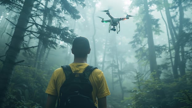 Drone flying over forest trees with person observer technology and nature photo