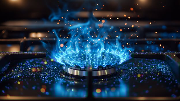 Vibrant blue gas flame burning intensely on a modern stovetop. photo