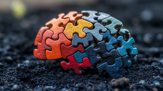 Colorful puzzle pieces forming a brain shape on dark soil. photo