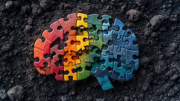 Colorful brain puzzle pieces on dark soil. photo