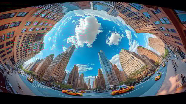 Upward view of NYC street scene, yellow cabs, skyscrapers, and a bright blue sky. photo