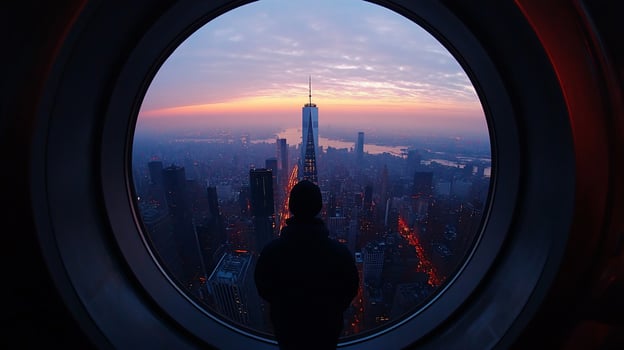 Sunrise cityscape view from a circular window person silhouetted. photo