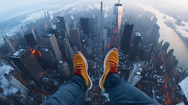 Persons feet dangling over city skyline at sunrise. photo