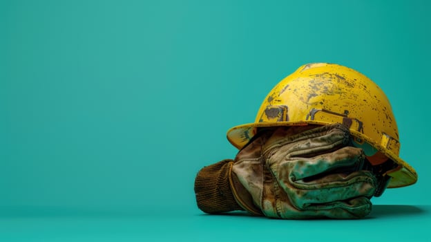 Construction hardhat and glove for safety gear industrial job site protection photo