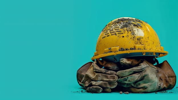 Used yellow hard hat and safety gloves for construction work industry photo