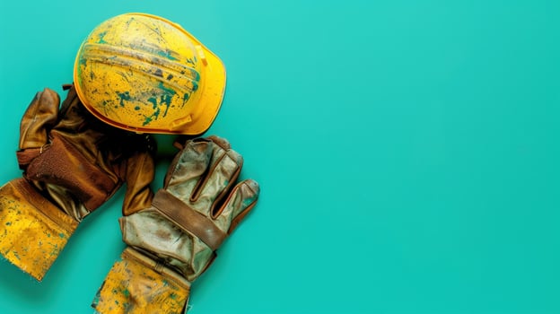 Work safety gear hard hat and gloves on teal background flat lay photo