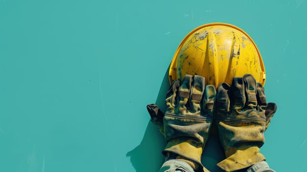 Work safety hardhat and gloves on solid background construction and manufacturing photo