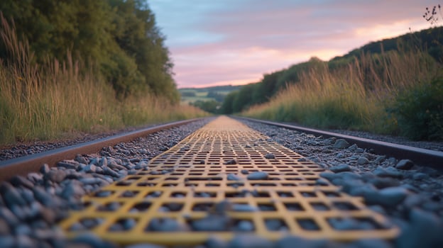 A railroad track with a yellow rail photo