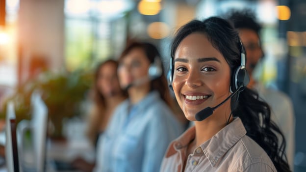 Customer service team with headsets working in a call center environment photo