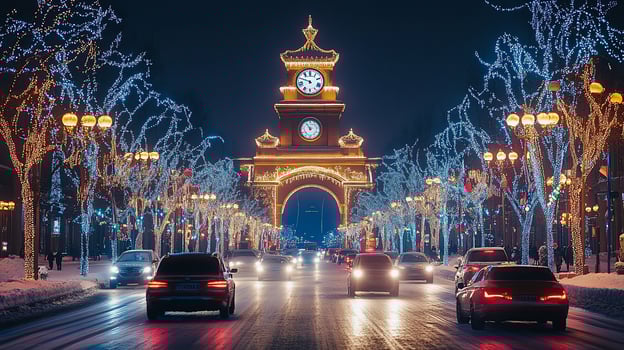 Snowy night street scene with illuminated arch and clock tower. photo