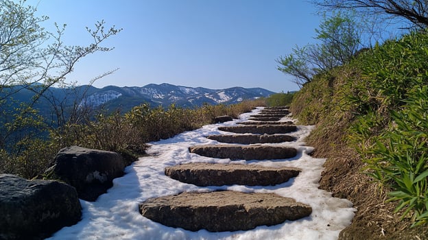 Stone steps leading up a mountain, partially covered in snow, scenic view. photo
