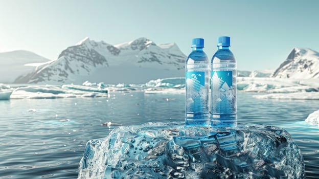 Hydration in nature pure water bottles on ice with snowy mountain backdrop photo