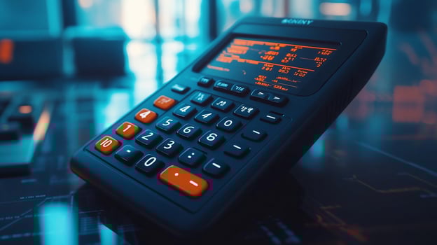Closeup of a calculator displaying financial data on a desk. photo