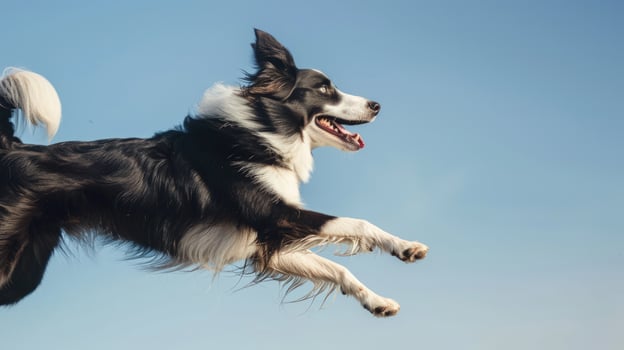 Energetic dog leap against blue sky captures canine agility and freedom photo