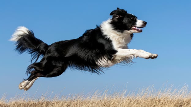 Dog jumping over field black and white breed against blue sky photo