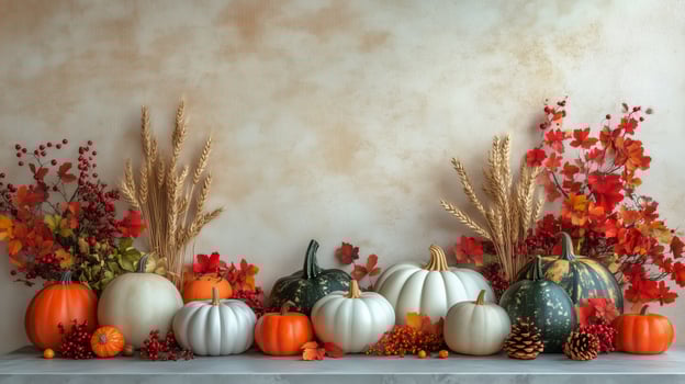 Elegant Autumn Display With Colorful Pumpkins and Seasonal Foliage on a Rustic Table photo