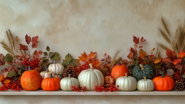 Elegant Autumn Display With Colorful Pumpkins and Seasonal Foliage on a Rustic Table. photo