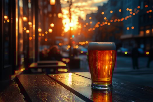 Warm Sunset Glow Highlights a Freshly Poured Pint at a Busy Outdoor Bar photo