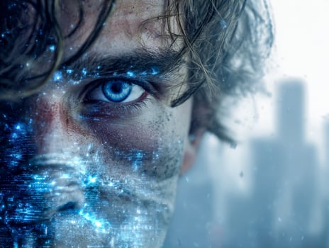 Futuristic digital portrait of a young man with glowing blue eye and holographic data effects photo