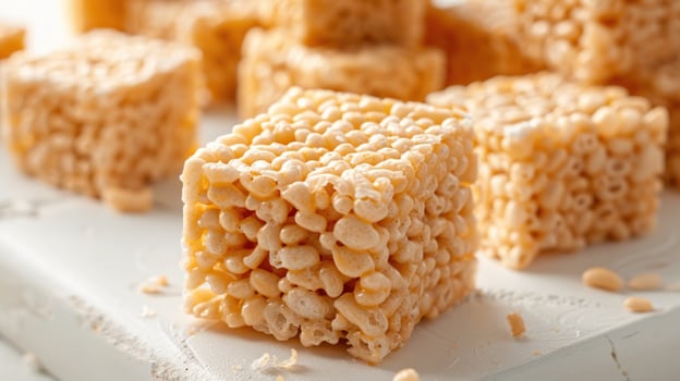 Crispy rice treat cubes sweet dessert snack close up photo