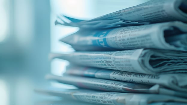 Stack of folded newspapers front pages with headlines and articles in bright lighting photo
