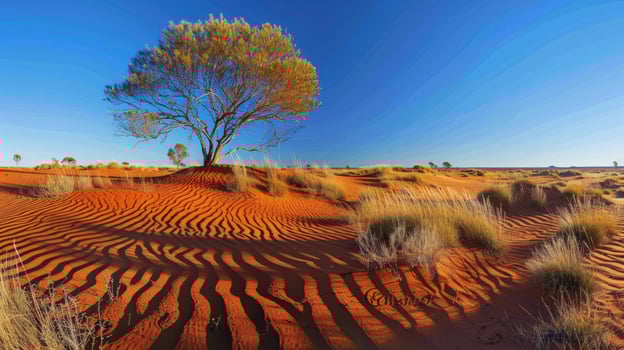 Arid desert landscape with lone tree and striking sand dunes under clear sky photo