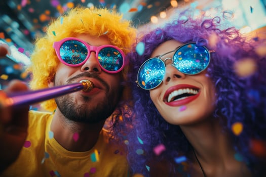 Brightly Dressed Couple Enjoying a Colorful Celebration Filled With Confetti. photo