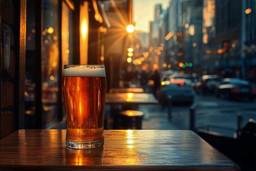 Warm Sunset Glow Highlights a Freshly Poured Pint at a Busy Outdoor Bar. photo