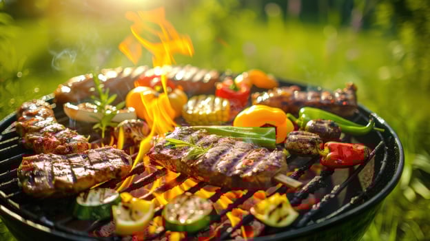 Assorted meats and vegetables on a fiery outdoor barbecue grill photo