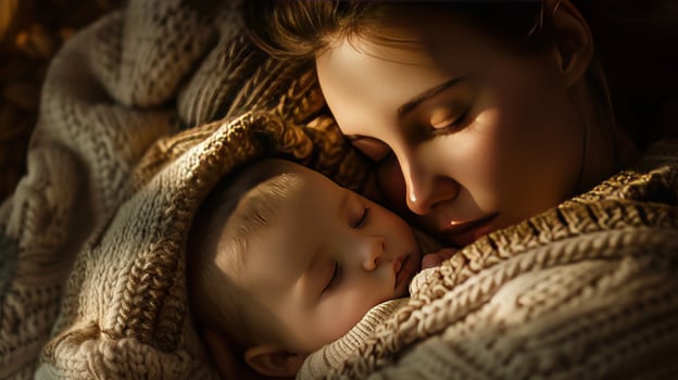 Mother and baby embrace in sleep gentle family moment warmth and comfort photo