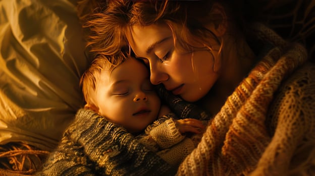 Mother and child embrace sleeping newborn in soft light photo
