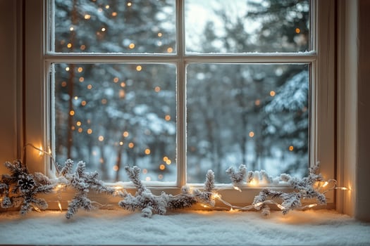 Winter Window View With Fairy Lights and Snow-Covered Trees During a Serene Afternoon photo