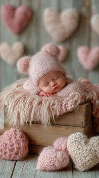 Sweet Sleeping Newborn Dressed in Pink Knitted Outfit With Heart Decorations in Soft Background photo