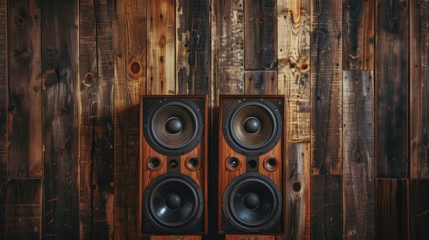 Wooden speakers on rustic wood background audio equipment and vintage sound photo