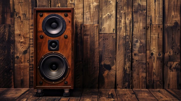 Audio speaker on rustic wooden background for sound and music design photo