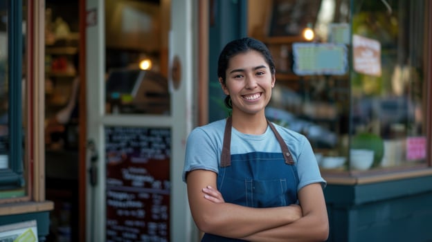 Small business owner smiling in front of store entrance photo