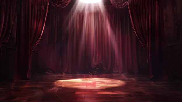 Empty stage with spotlight red curtains and wood floor background photo