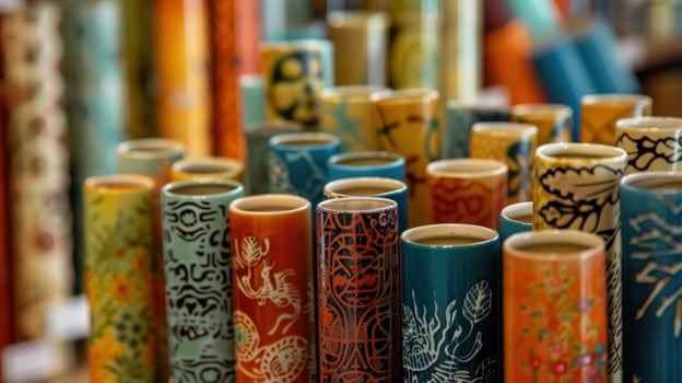 Collection of colorful patterned ceramic vessels art and craft decorative elements photo
