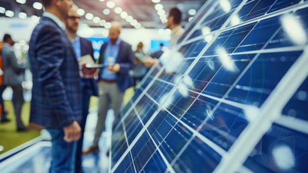 Solar panel exhibition at technology trade fair for renewable energy and sustainability photo